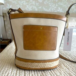 Liz Claiborne Tan and Cream Shoulder Bag with Braided Trim NWT
